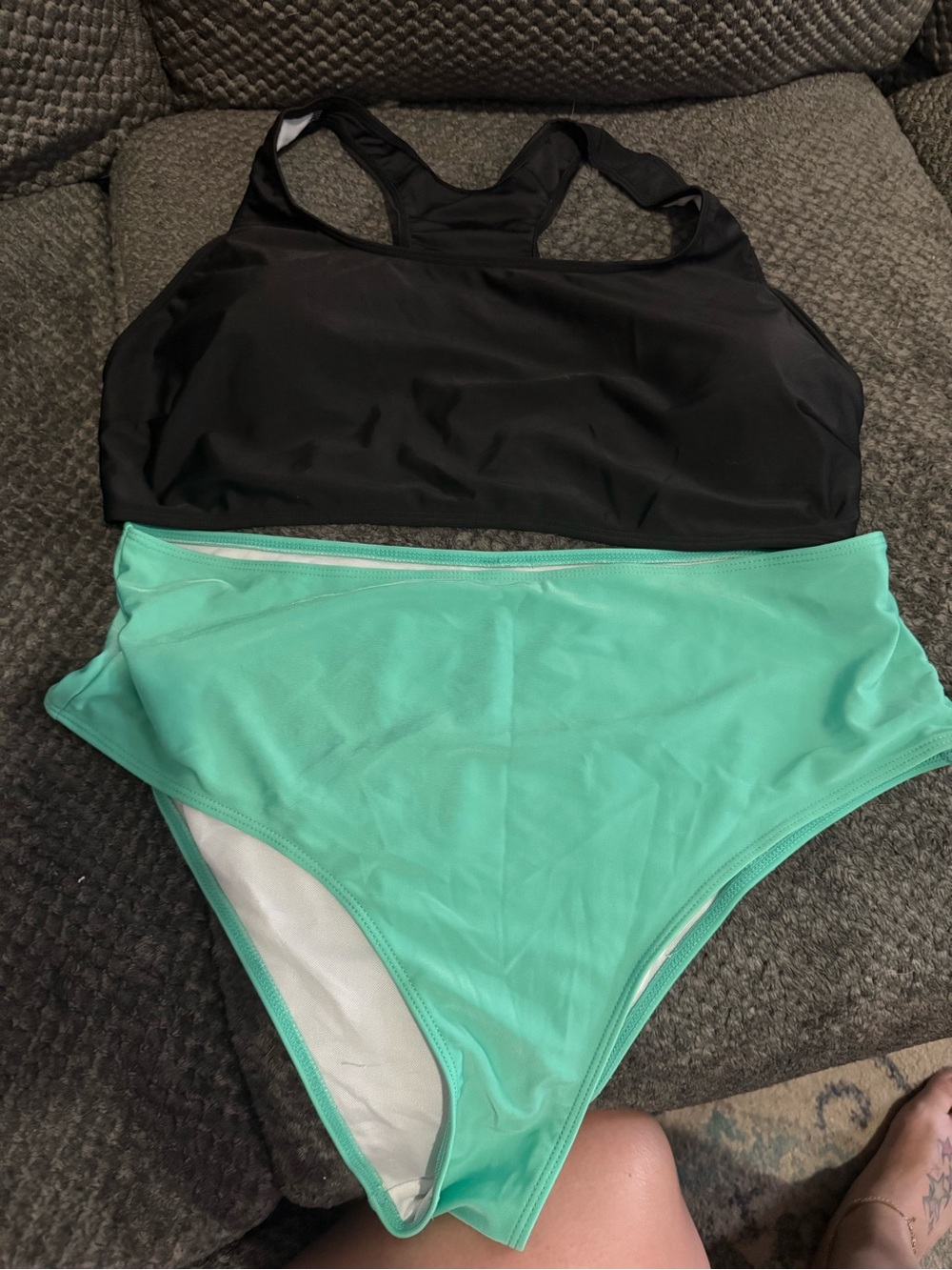 Black & Mint Green Two-Piece High-Waist Swim Set - Women